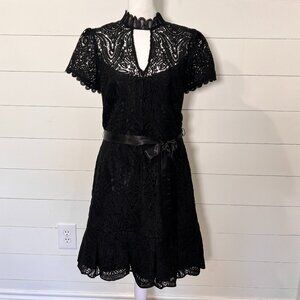 WHBM Black Lace Short Sleeve Dress with Ribbon Belt Size 12